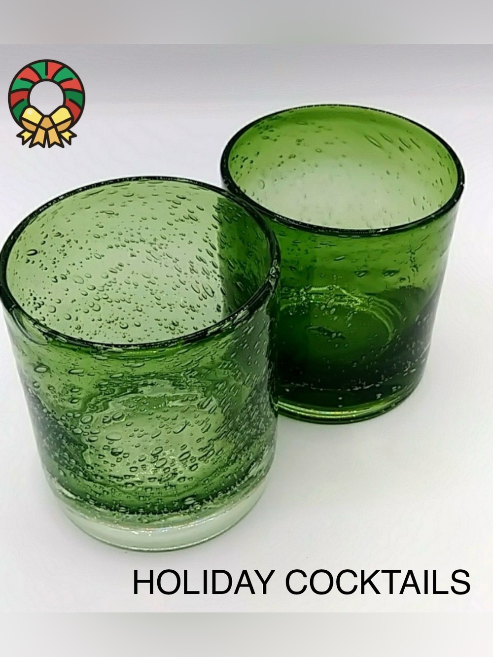 2 Bubble Highball Glasses by Artland Iris. Hand Blown. Dark Green.